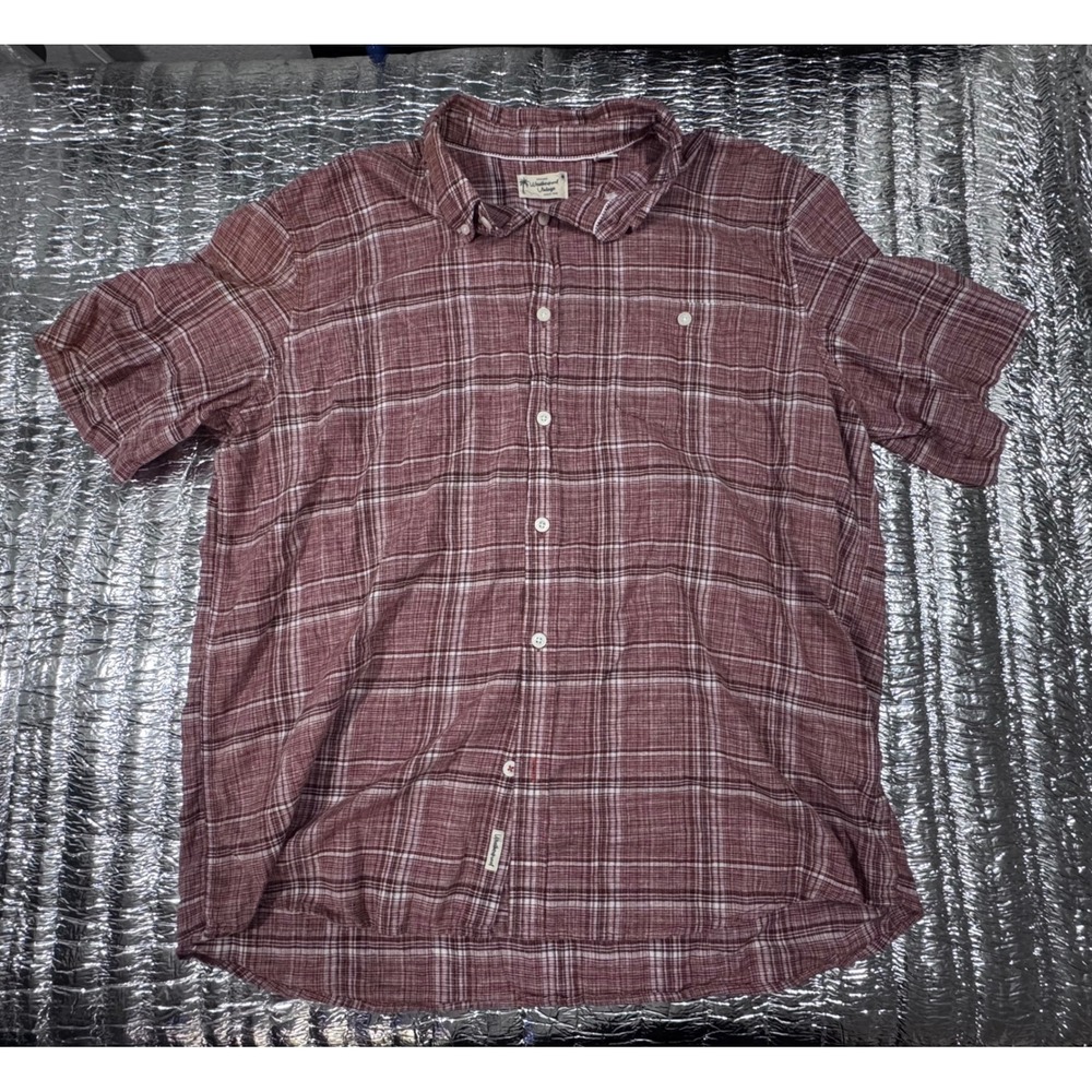 Weatherproof Vintage Mens XXL Red Plaid Linen Blend Short Sleeve Button Down